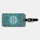 Aqua Black Leopard Print Monogram Gepäckanhänger (Vorderseite horizontal)
