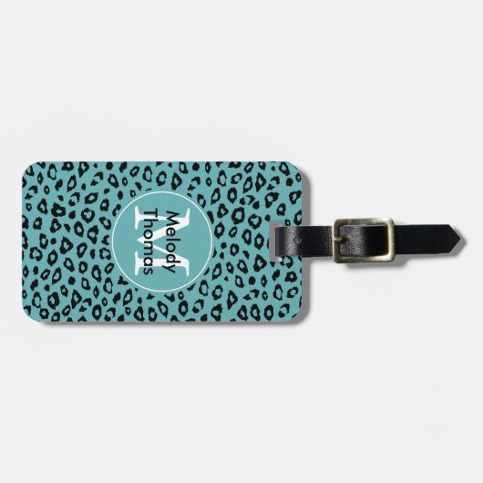 Aqua Black Leopard Print Monogram Gepäckanhänger (Vorderseite horizontal)