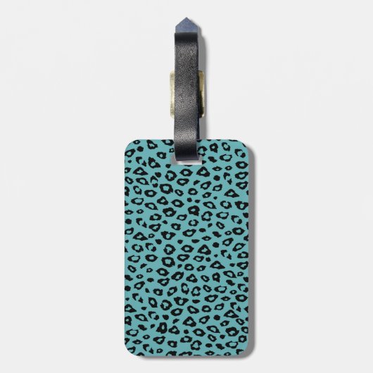 Aqua Black Leopard Print Monogram Gepäckanhänger (Rückseite vertikal)