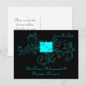 Aqua Black Monogram Floral Wirbel Save the Date Ankündigungspostkarte (Vorne/Hinten)