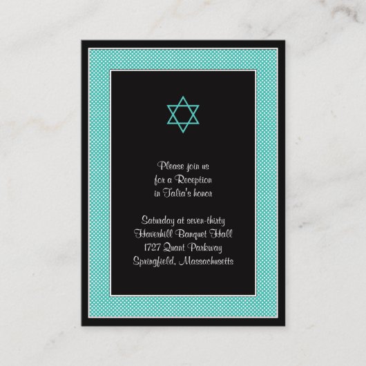 Aqua Black Polka Dots Bat Mitzvah Empfang Card Begleitkarte (Vorderseite)