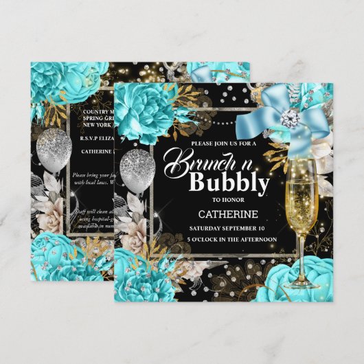 Aqua Black Rose Shabby Chic Bubbly Glitzer Einladung (Vorne/Hinten)