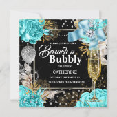 Aqua Black Rose Shabby Chic Bubbly Glitzer Einladung (Vorderseite)