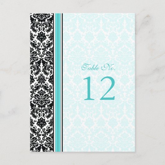 Aqua, Black, White Damask Tischnummer (Vorderseite)