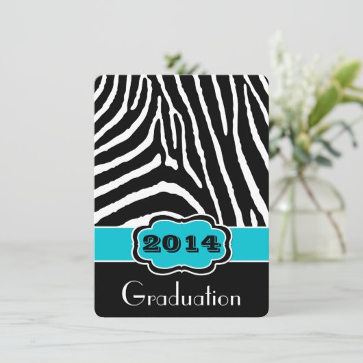 Aqua, Black, White Zebra Print Abschluss laden Einladung (Stehend Vorderseite)
