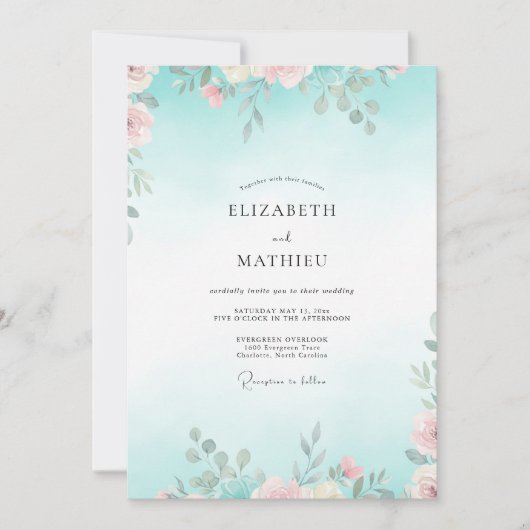 Aqua Blassrosa Blätterhochzeit Einladung (Vorderseite)