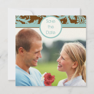 Aqua Blau Damast auf Brauner Hochzeitseinladung Einladung