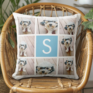 Aqua Blau Foto-Collage Individuelles Monogramm Kissen
