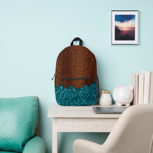 Aqua-Blau-Glitzern, rustikales braunes Holz Bedruckter Rucksack (InSitu)