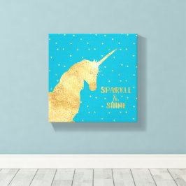 Aqua Blau Gold Einhorn Sterne Funkeln und Leuchten Leinwanddruck