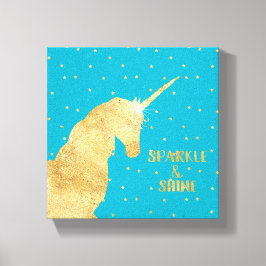 Aqua Blau Gold Einhorn Sterne Funkeln und Leuchten Leinwanddruck