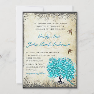 Aqua Blau Herz Blatt Baum Vintage Vogel Pergament Einladung