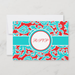 Aqua Blau, Rot, Weiß Damast RSVP Karte