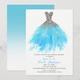 Aqua Blau Silber Glitter Glam Kleid Brautparty Einladung