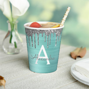 Aqua Blau Silber Glitter und Funkeln Monogramm Pappbecher