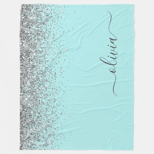 Aqua Blau Teal Silber Glitter Monogramm Fleecedecke (Vorderseite)