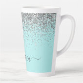Aqua Blau Teal Silber Glitter Monogramm Milchtasse (Rechts)