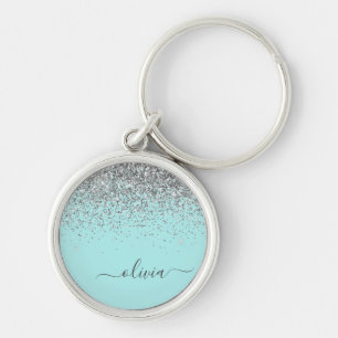 Aqua Blau Teal Silber Glitter Monogramm Schlüsselanhänger