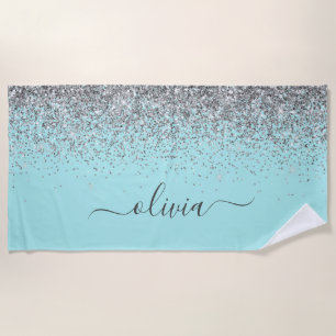 Aqua Blau Teal Silber Glitter Monogramm Strandtuch