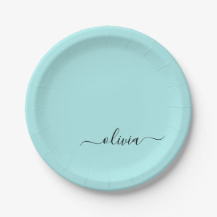 Aqua Blau Türkis Mädchenname Schriftzug Modern Pappteller