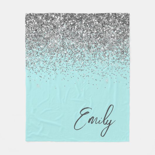 Aqua Blau Türkis Silber Glitter Monogramm Fleecedecke (Vorderseite)