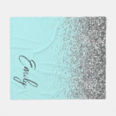 Aqua Blau Türkis Silber Glitter Monogramm Fleecedecke (Vorderseite (Horizontal))