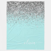 Aqua Blau Türkis Silber Glitter Monogramm Fleecedecke (Vorderseite)