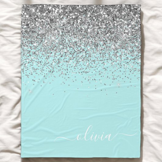 Aqua Blau Türkis Silber Glitter Monogramm Fleecedecke