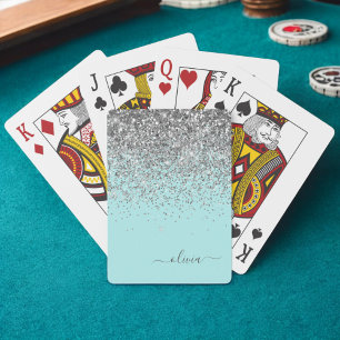 Aqua Blau Türkis Silber Glitter Monogramm Spielkarten