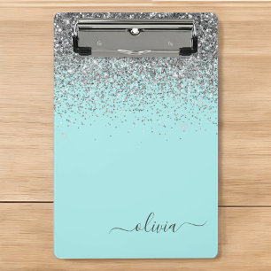 Aqua Blau - Türkis und Silber Glitter Monogramm Mini Klemmbrett