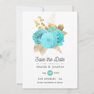 Aqua Blau und Gold Blumenhochzeit Save The Date