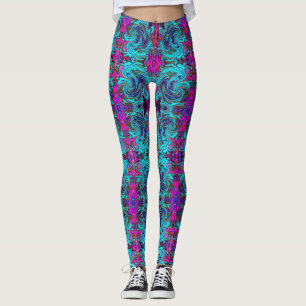 Aqua Blau und schwarze groovige abstrakte Retro-Ku Leggings