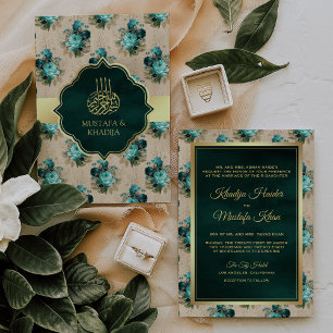 Aqua Blau und Smaragdgrün Florale muslimische Hoch Einladung