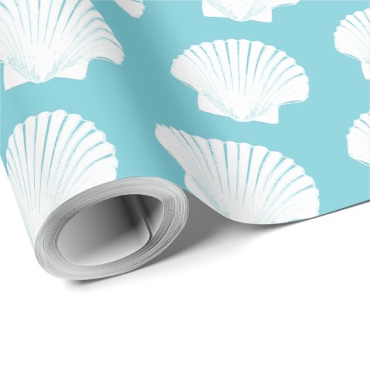 Aqua Blau und Weiß Muscheln Geschenkpapier (Rolleneckpunkt)