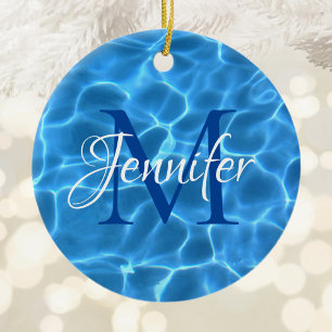Aqua Blau und Weiß Schwimmbad Foto Monogramm Keramik Ornament