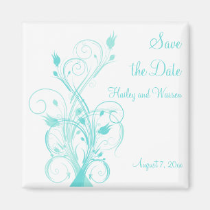 Aqua Blau und Weiße Blüte Speichern Sie das Datum  Magnet