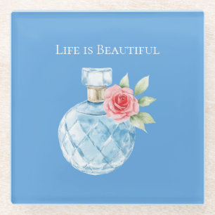 Aqua Blau Weiße Parfümflasche Rose Glasuntersetzer