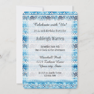 Aqua Blau Weiße Tribal Streifen 16. Geburtstag Einladung
