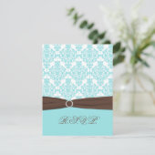 Aqua Blau, weißer Damast mit braunen IMITATEN, Fla RSVP Karte (Stehend Vorderseite)