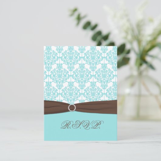Aqua Blau, weißer Damast mit braunen IMITATEN, Fla RSVP Karte (Stehend Vorderseite)