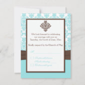Aqua Blau, weißer Damast mit braunen IMITATEN, Fla RSVP Karte (Rückseite)