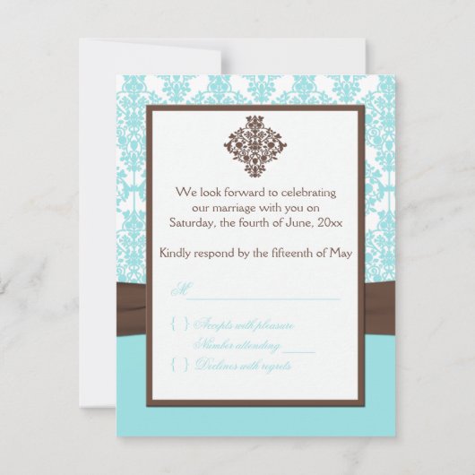 Aqua Blau, weißer Damast mit braunen IMITATEN, Fla RSVP Karte (Rückseite)