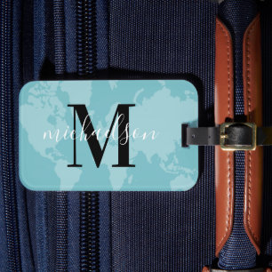 Aqua Blau Weltkarte Schrift Monogramm Gepäckanhänger