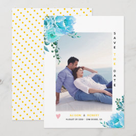 Aqua-blaue Aquarellfarben-Blume, Blätter, gelbes F Save The Date