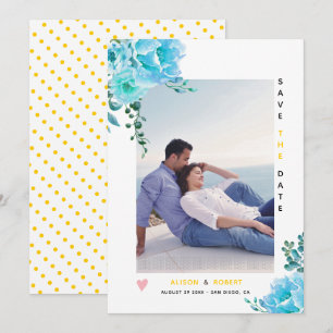 Aqua-blaue Aquarellfarben-Blume, Blätter, gelbes F Save The Date