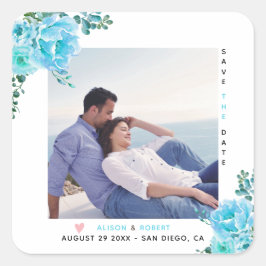 Aqua-blaue Aquarellfarben-Blume, grüne Blätter Fot Quadratischer Aufkleber