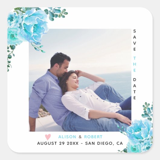 Aqua-blaue Aquarellfarben-Blume, grüne Blätter Fot Quadratischer Aufkleber (Vorderseite)