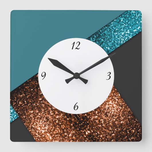 Aqua-blaue Bronze-Glitzern mit Zahlen Quadratische Wanduhr (Vorderseite)