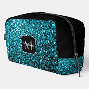 Aqua blaue falsche Glitter-Funken Monogramm Waschbeutel