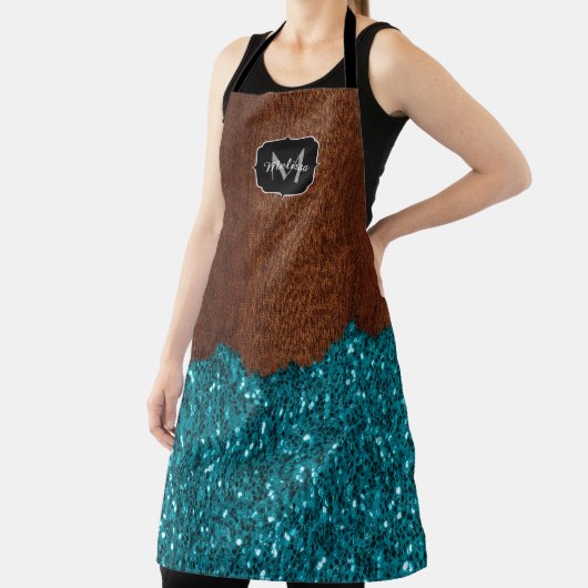 Aqua blaue Funken Glitter rustikales Holz Monogram Schürze (InSitu)
